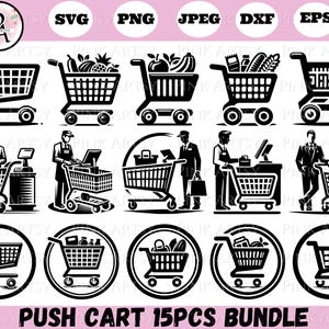 push cart bundle svg png jpeg dxf eps grocery cart svg grocery cart clipart grocery push cart logo grocery push cart at cash register bundle