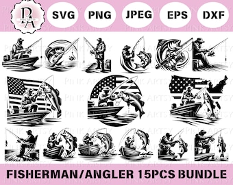 May include: A set of 15 black and white digital illustrations of a fisherman holding a fishing rod and reeling in a fish. The illustrations include various poses and scenes, such as a fisherman in a boat, a fisherman standing on a dock, and a fisherman casting a line. The illustrations are perfect for use in a variety of projects, such as t-shirt designs, website graphics, and social media posts.