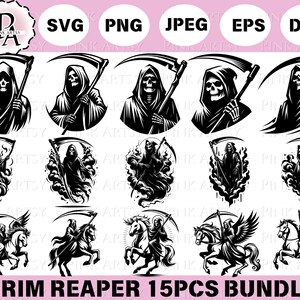 May include: A digital download bundle of 15 black and white illustrations of the Grim Reaper. The Grim Reaper is depicted in various poses, including holding a scythe, standing in a cloud of smoke, and riding a horse. The text "GRIM REAPER 15PCS BUNDLE" is at the bottom of the image.