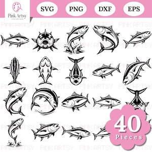May include: A collection of 40 black and white tuna fish illustrations in various poses. The image includes the words "SVG", "PNG", "DXF", and "EPS" in the top right corner. A pink flower-shaped graphic displays the text "40 Pieces".