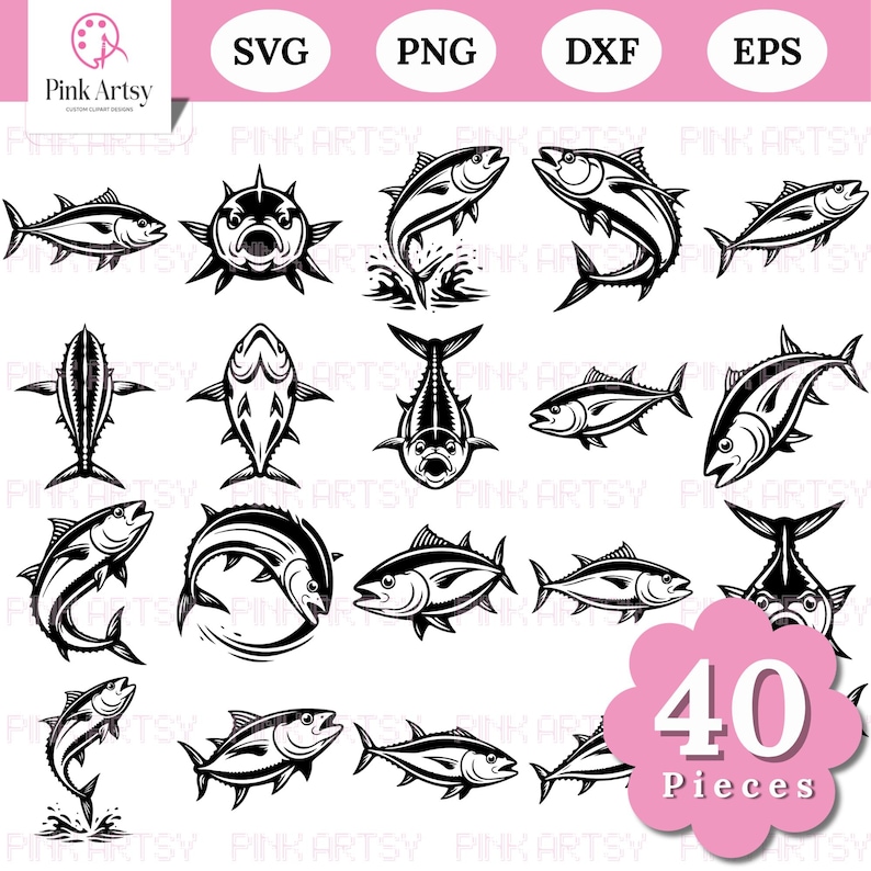 May include: A collection of 40 black and white tuna fish illustrations in various poses. The image includes the words "SVG", "PNG", "DXF", and "EPS" in the top right corner. A pink flower-shaped graphic displays the text "40 Pieces".