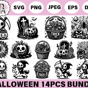 May include: A set of 14 black and white Halloween themed digital clipart images. The images include a reaper, a spider, a pumpkin, a candy basket, a unicorn, and a tombstone. The text "Trick or Treat" is included in one of the images.