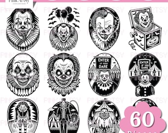 May include: A collection of 12 black and white clown-themed digital designs. The designs include various clown illustrations, some with balloons, and others holding signs that say "Enter If You Dare". The image also includes the text "60 Pieces".
