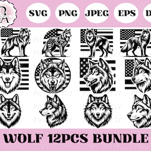 May include: A collection of 12 black and white wolf designs. Some designs feature wolves with the American flag. The designs include full body wolves, wolf heads, and wolf faces. The text "WOLF 12PCS BUNDLE" is at the bottom.