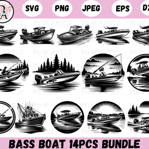 May include: A digital download of 14 black and white illustrations of bass boats. The illustrations include a variety of boats, some with people fishing in them, and some with trees and water in the background. The illustrations are perfect for use in crafting projects, scrapbooking, or digital design.