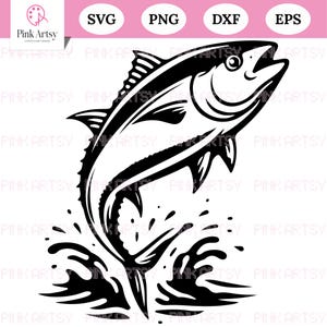 May include: Black and white illustration of a fish leaping out of water. The fish is stylized with detailed fins and scales. The image includes the text "SVG", "PNG", "DXF", and "EPS". The Pink Artsy logo is in the upper left corner.