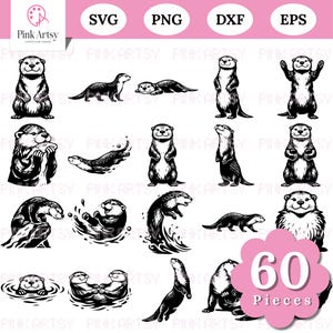 May include: A set of 60 black and white otter illustrations in different poses. The otters are shown standing, swimming, and playing. The image includes the text "SVG, PNG, DXF, EPS" and "60 Pieces".