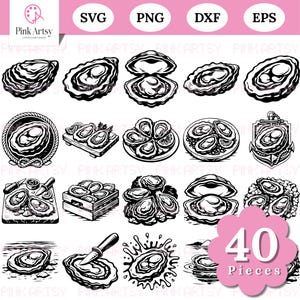 May include: Black and white oyster illustrations in various arrangements, including open shells, on a wooden board, and in a crate. The image includes the text "SVG, PNG, DXF, EPS" and "40 Pieces".
