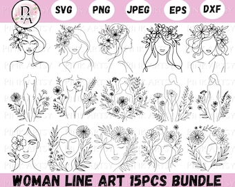 Woman Floral Line Art SVG Bundle, Tattoo Cricut Laser Cut Designs (Digital Download)