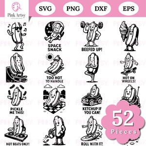 May include: A set of 52 black and white hot dog-themed digital designs. Each design features a cartoon hot dog in various poses, including skateboarding, weightlifting, and relaxing. Text includes "Space Snack", "Beefed Up!", and "Hot on Wheels!"