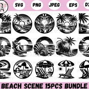 May include: A set of 15 black and white beach scene illustrations. The illustrations include palm trees, seashells, beach umbrellas, and lounge chairs. The illustrations are perfect for creating beach-themed crafts, projects, and designs.