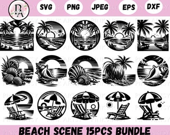 Beach Scene SVG Bundle: Sunset, Seashells, Palm Trees (Digital Download)