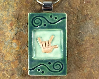 I Love You Necklace, Miniature Stoneware Tile, ASL American Sign Language