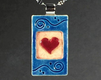 Heart Necklace, Ceramic Stoneware Miniature Tile ~ Bright Blue ~ Red ~ 20" Stainless Steel Chain