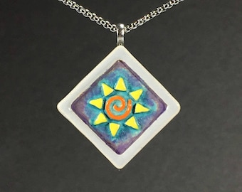 Sunburst Stoneware Pendant, Teal Yellow Orange Sun Necklace