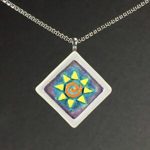 Sunburst Pendant ~ Ceramic Stoneware Miniature Tile ~ Teal ~ Yellow ~ Orange ~ Purple ~ Blue 20 inch Stainless Steel Chain ~ Sun Necklace