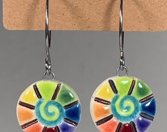 Boho Earrings ~ Miniature Tile Stoneware ~ Stainless Steel Round Ear Wires