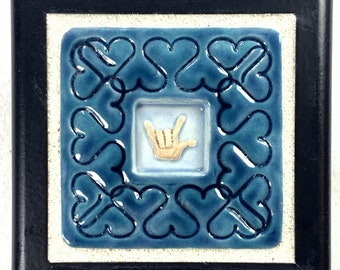 I Love You Treasure Box,  2 x 2 inch  Stoneware Art Tile, ASL, Blue
