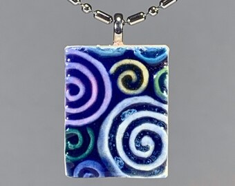 Swirl Necklace ~ Miniature Tile Stoneware Pendant ~ 20" Stainless Steel Chain ~ Blue ~ Purple ~ Green