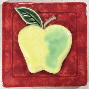 Apple Tile ~ 4 x 4 inch ~ Golden Delicious ~ Ceramic Art Tile ~ Accent Tile ~ Yellow ~ Red