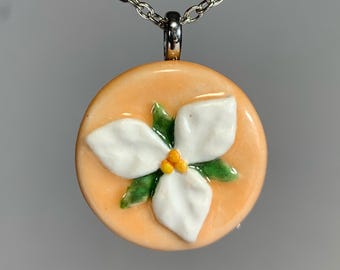 Trillium Necklace: Miniature Stoneware Tile Pendant, Stainless Steel Chain