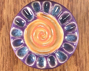 Spin Happy Knob ~ Ceramic Stoneware Pull ~ Drawer Pulls and Knobs  ~ Orange ~ Purple ~ Round