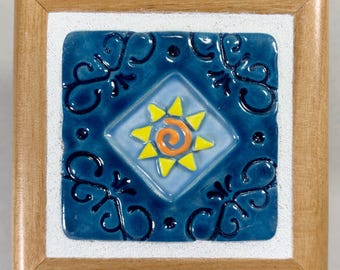 Sunburst Treasure Box ~ Ceramic Art Tile ~ Wooden Keepsake Box ~ Blue ~ Yellow ~ Orange