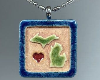 Michigan Pendant ~ Ceramic Stoneware Miniature Tile ~ Green ~ Red ~ 20 inch Stainless Steel Chain ~ Michigan Necklace