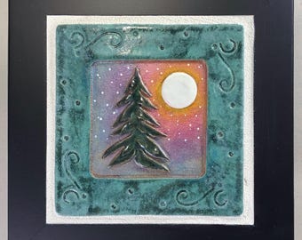 Pine & Moon Framed Tile ~ 4” Ceramic Art Tile ~ 6” Alderwood Frame