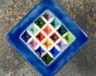Diamondback Duffy Knobs ~ Ceramic Pull ~ Cabinet knobs ~ Rainbow ~ Multi Colored w/ Bright Blue Border