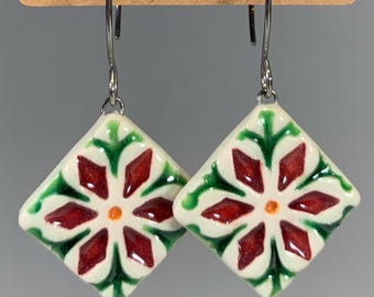 Star Flower Earrings ~ Miniature Tile Stoneware ~ Stainless Steel ear wires ~ Red ~ Green