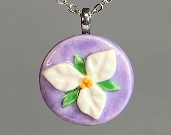 Trillium Necklace: Miniature Stoneware Tile Pendant, Stainless Steel Chain
