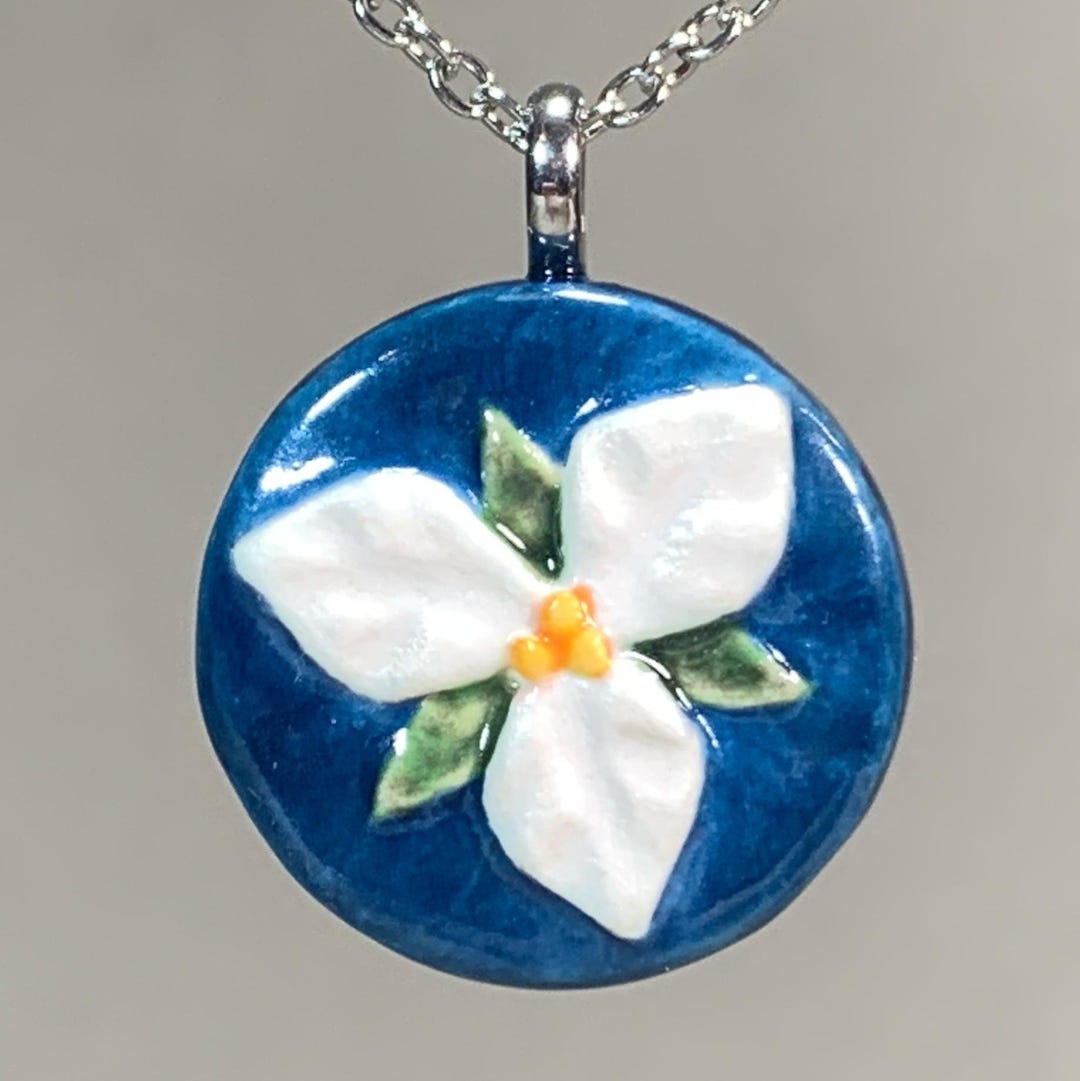 Trillium Inlay Trillium Necklace: Miniature Stoneware Tile Pendant, Stainless Steel ...