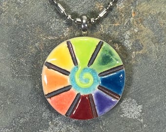 Boho Necklace, Ceramic Stoneware Miniature Tile ~ 20" Stainless Steel Chain