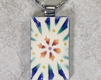 My Maria Necklace ~ Miniature Tile Stoneware Pendant ~ 20" Stainless Steel Chain ~ Blue ~ Green ~ Orange