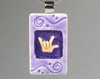 I Love You Necklace, Miniature Stoneware Tile, ASL American Sign Language, Purple