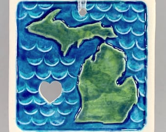 Michigan Ornament ~ Upper & Lower Penninsula ~ Great Lake State ~ State of Michigan ~ Blue ~ Green