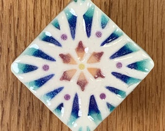 Ceramic Cabinet Knob: Hand-Cut Stoneware Drawer Pull, Green & Blue