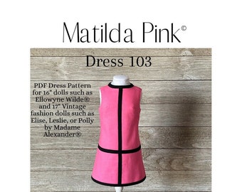 Dress 103 PDF mod dress pattern for 16" fashion dolls like Ellowyne or Neema and 17" vintage dolls like Madame Alexander Elise
