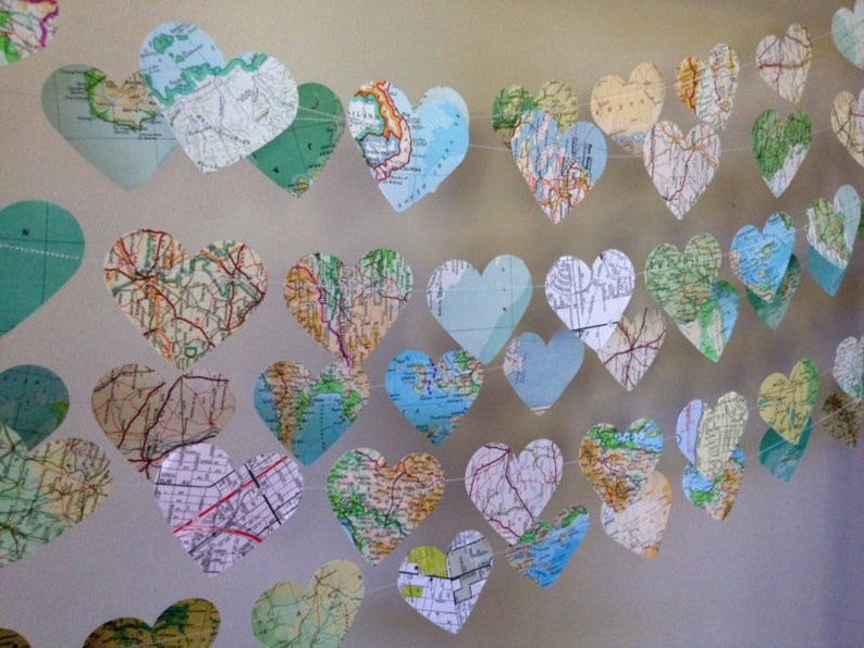 10ft Vintage Atlas Heart Garland home decor, wedding, party decoration, travel garland, high tea image 2