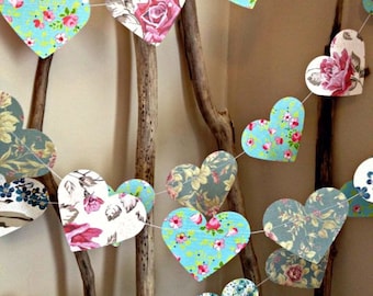 10 ft Paper Heart Garland - Vintage Shabby Chic Roses - wedding decoration, party decoration, baby shower decoration, high tea