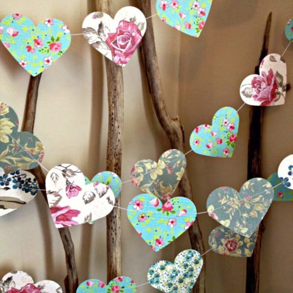 10 ft Paper Heart Garland - Vintage Shabby Chic Roses - wedding decoration, party decoration, baby shower decoration, high tea