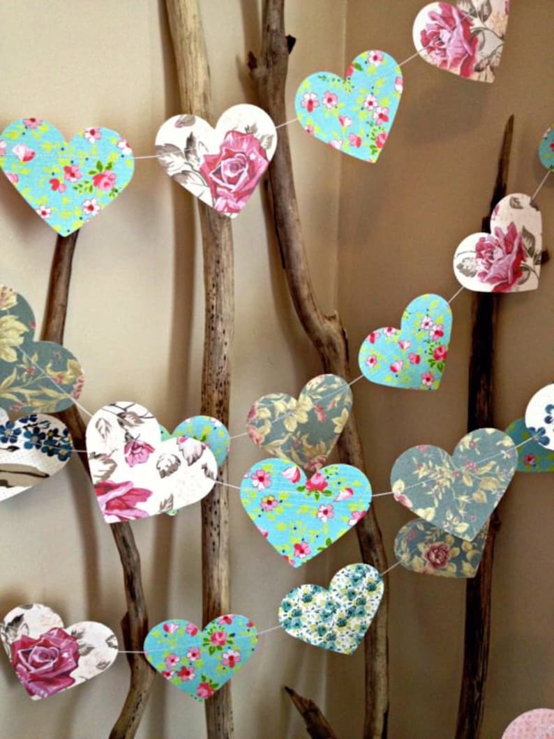 10 Metres Paper Heart Garland Vintage Shabby Chic Roses wedding decoration, party decoration, baby shower decoration, high tea image 1