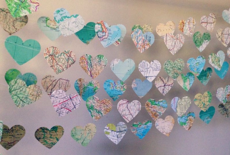 10ft Vintage Atlas Heart Garland home decor, wedding, party decoration, travel garland, high tea image 4