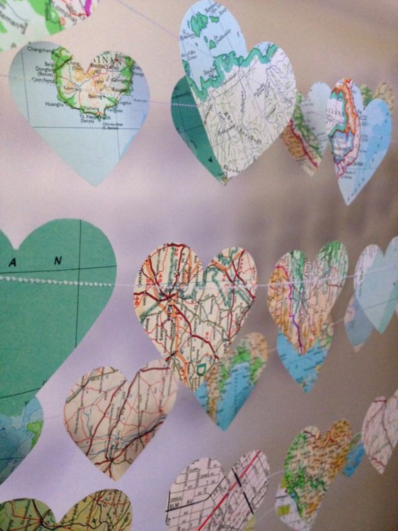 10ft Vintage Atlas Heart Garland home decor, wedding, party decoration, travel garland, high tea image 5