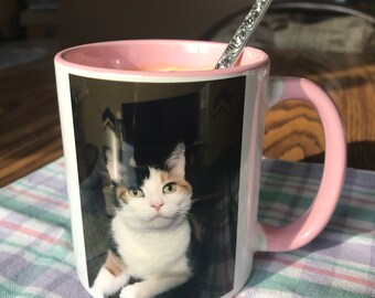 Mok Calico Kitty: roze handvat en interieur, cadeau kattenliefhebber