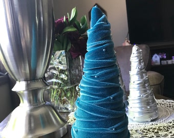 Silver and Teal Cone Trees, Teal Velvet Cone Trees, Silver Lame' Cone Trees