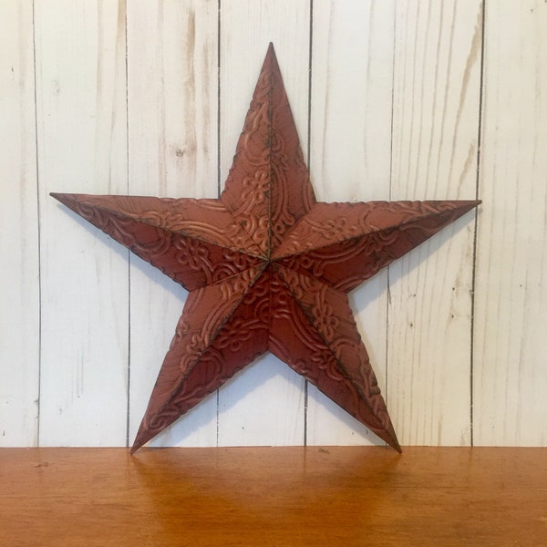 Vintage Inspired Embossed Metal Star in Red ~ Tin Farmhouse Star ~ Twelve Inch Metal Star ~ Barn Style Star ~ Primitive Star