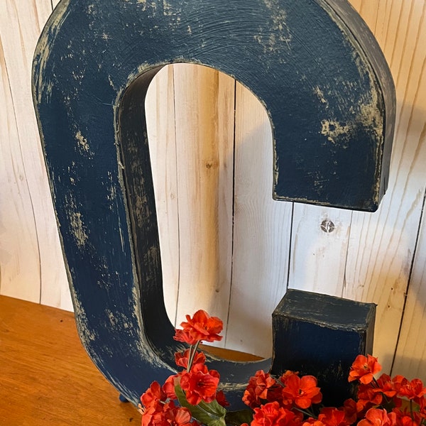Letter C ~ 16 Inches Tall ~ Navy Blue ~ Paper Mache ~ Distressed with Black Accents ~ wall-mount letter C ~ free-standing letter C ~ Numbers