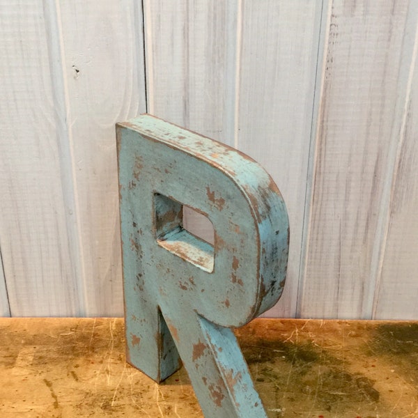 Letter R in Bird Egg Blue~~ distressed and aged  Primitive and Cottage Chic ~~ Sturdy Paper Mache ~~ 8 Inch letter ~~ Choose Your Color!!!!